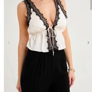 Rumored Cream Satin Lace Trim Tie-Front Cami Top – Size XS